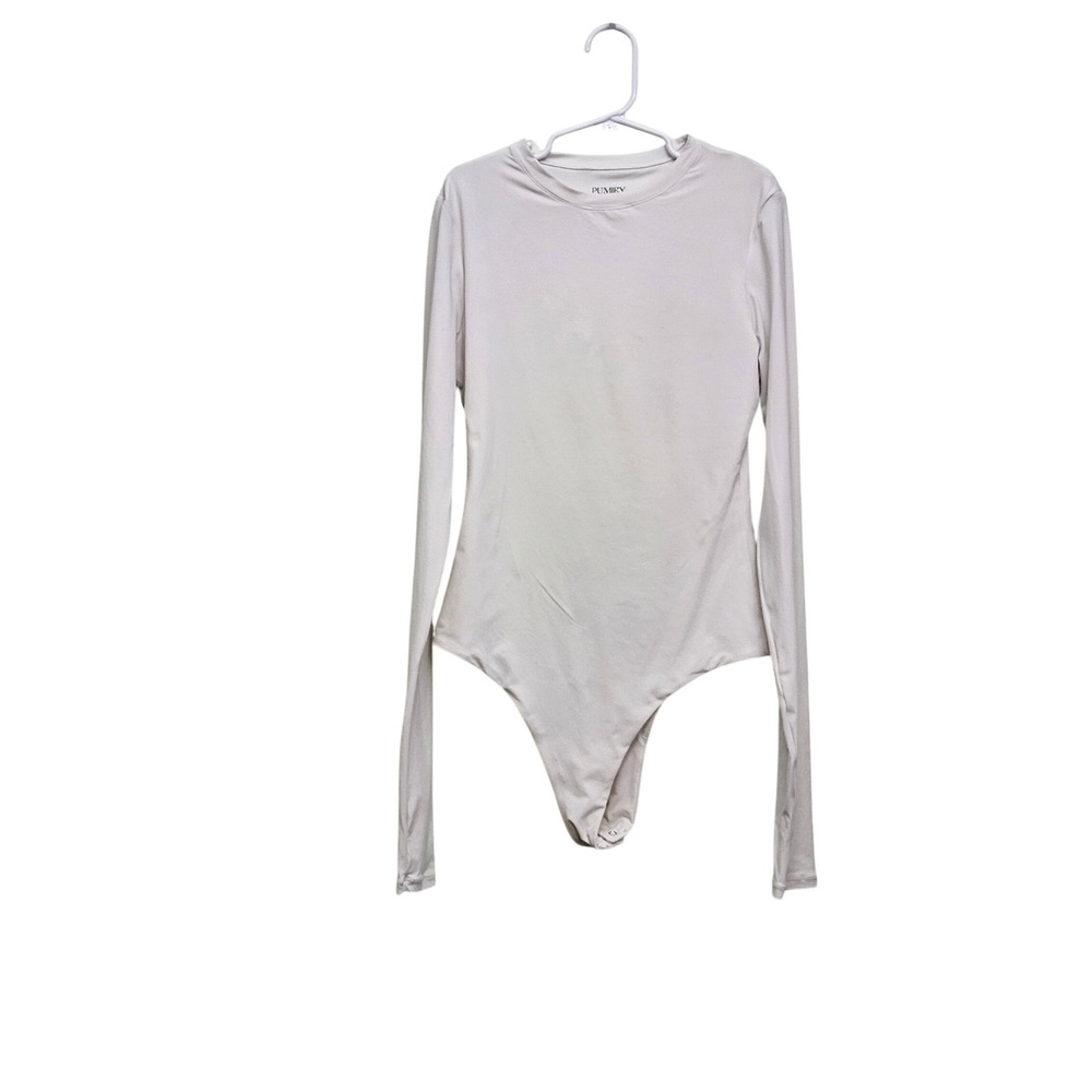 Pumiey Bodysuit Womens XS Off White Long Sleeve Crew Neck Snap Bottom Minimalist